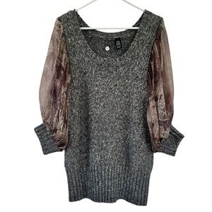 BKE Grey White Knit Brown Chiffon Sleeves Crew Neck Sweater L